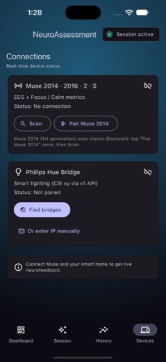 Verbindungsbildschirm: Muse und die Philips Hue Bridge mit Live-Status